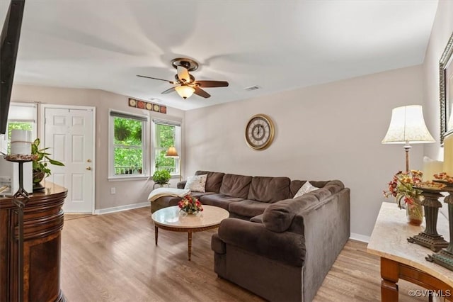 7503 Native Dancer Dr, Midlothian, VA 23112 - living area featuring ceiling fan, baseboards, and light wood-style floors