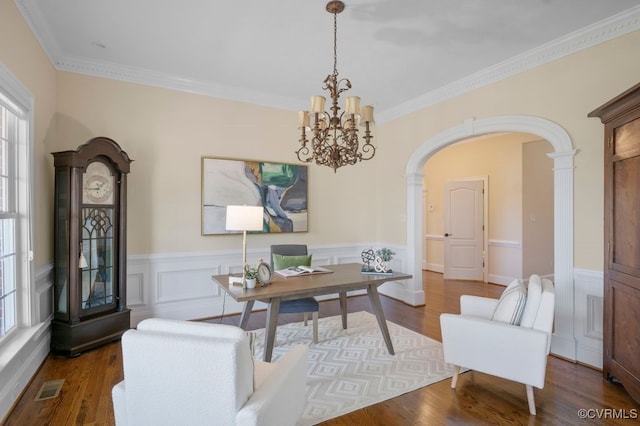 12316 Traylor Field Ln, Ashland, VA 23005 - office area with wainscoting, arched walkways, ornamental molding, a chandelier, and wood finished floors