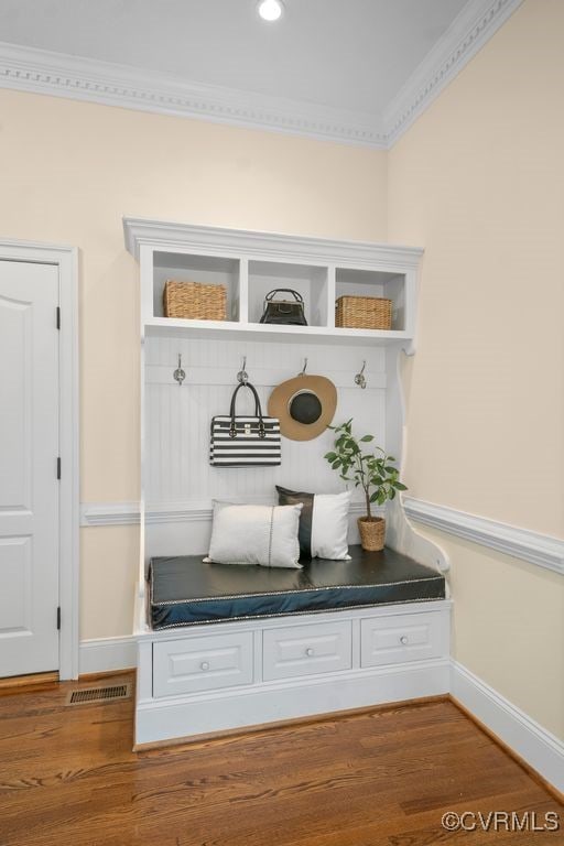 12316 Traylor Field Ln, Ashland, VA 23005 - mudroom featuring baseboards, crown molding, and wood finished floors