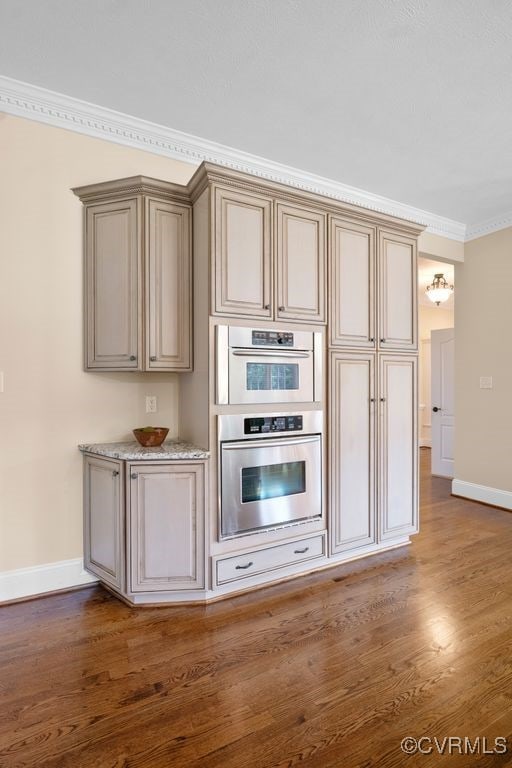 12316 Traylor Field Ln, Ashland, VA 23005 - kitchen featuring ornamental molding, baseboards, dark wood-style floors, and double oven