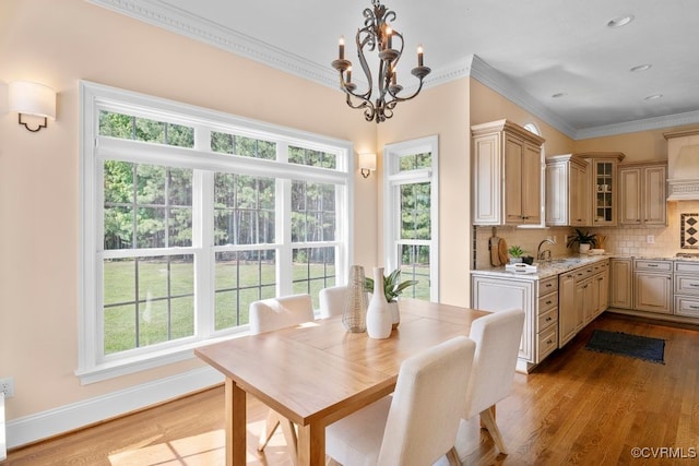 12316 Traylor Field Ln, Ashland, VA 23005 - dining space with wood finished floors, a chandelier, ornamental molding, recessed lighting, and baseboards