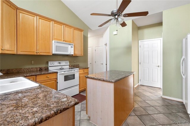 9401 Nolandwood Dr, Mechanicsville, VA 23116 - kitchen with white appliances, a sink, ceiling fan, lofted ceiling, and light tile patterned floors