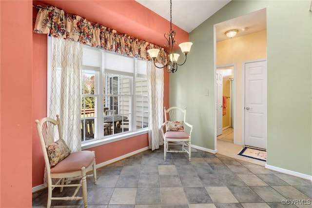 9401 Nolandwood Dr, Mechanicsville, VA 23116 - living area featuring vaulted ceiling, a chandelier, and baseboards