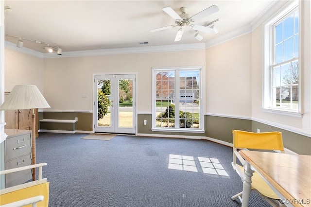 9401 Nolandwood Dr, Mechanicsville, VA 23116 - unfurnished room featuring rail lighting, crown molding, carpet flooring, baseboards, and french doors