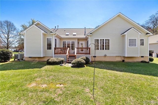 9401 Nolandwood Dr, Mechanicsville, VA 23116 - back of house featuring crawl space, central AC unit, a wooden deck, and a lawn