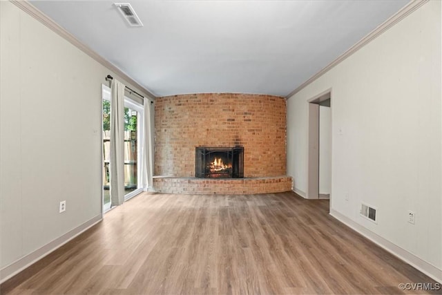 2911 Ennismore Ct, Chesterfield, VA 23224 - unfurnished living room with wood finished floors, a brick fireplace, and ornamental molding