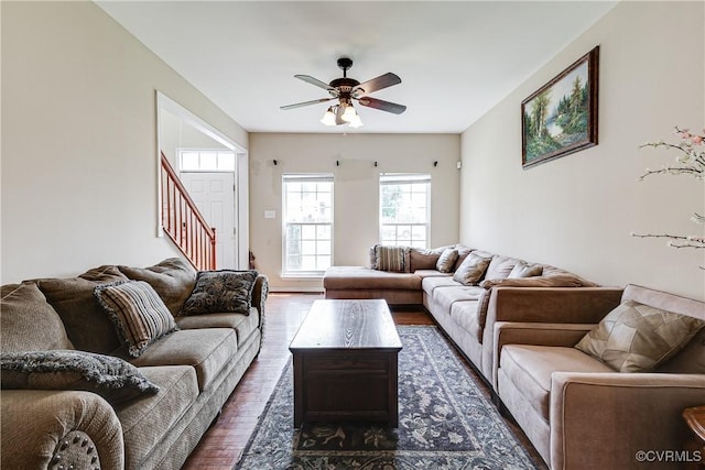 1408 Selma Ln, Henrico, VA 23223 - living room with dark wood-type flooring, stairway, and ceiling fan