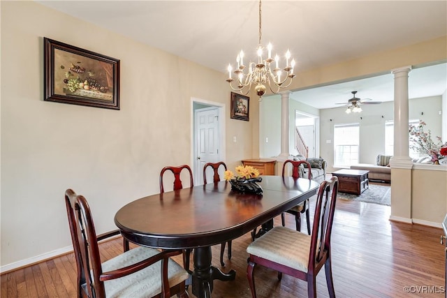 1408 Selma Ln, Henrico, VA 23223 - dining space featuring ornate columns, hardwood / wood-style floors, baseboards, and a ceiling fan