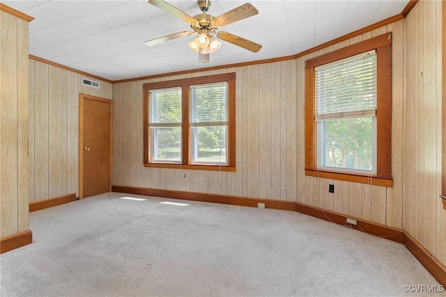 672 Main St, Dillwyn, VA 23936 - unfurnished room featuring healthy amount of natural light, carpet, crown molding, a ceiling fan, and wood walls