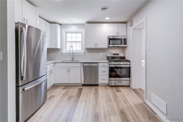 9019 Farmington Dr, Henrico, VA 23229 - kitchen featuring appliances with stainless steel finishes, a sink, white cabinets, light wood-style floors, and light stone counters