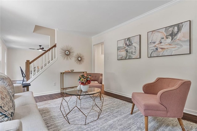 1307 Unison Dr, Chesterfield, VA 23113 - living room featuring stairway, wood finished floors, baseboards, a ceiling fan, and crown molding