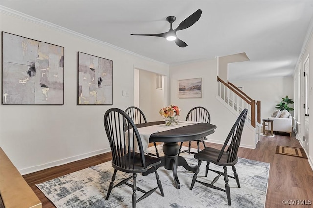 1307 Unison Dr, Chesterfield, VA 23113 - dining area featuring stairway, ceiling fan, wood finished floors, baseboards, and crown molding