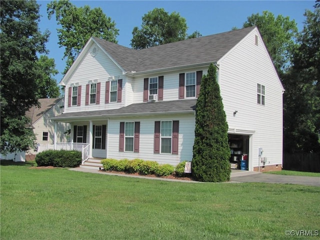 11506 Charles Towne Rd, Midlothian, VA 23112 - view of front of house with covered porch, concrete driveway, a garage, and a front lawn