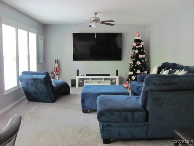 11506 Charles Towne Rd, Midlothian, VA 23112 - living room featuring carpet floors, ceiling fan, and baseboards