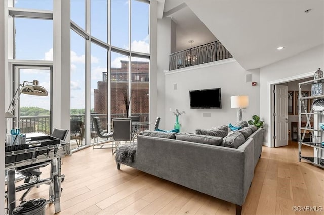 4820 Old Main St Unit 604, Henrico, VA 23231 - living area with a high ceiling, light wood-type flooring, recessed lighting, and floor to ceiling windows