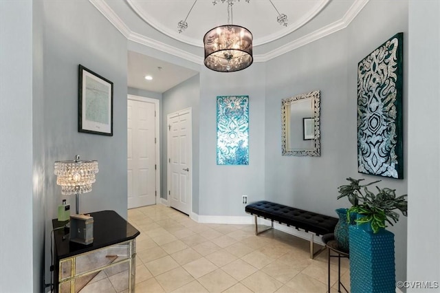 4820 Old Main St Unit 604, Henrico, VA 23231 - foyer with a chandelier, ornamental molding, light tile patterned floors, baseboards, and a raised ceiling