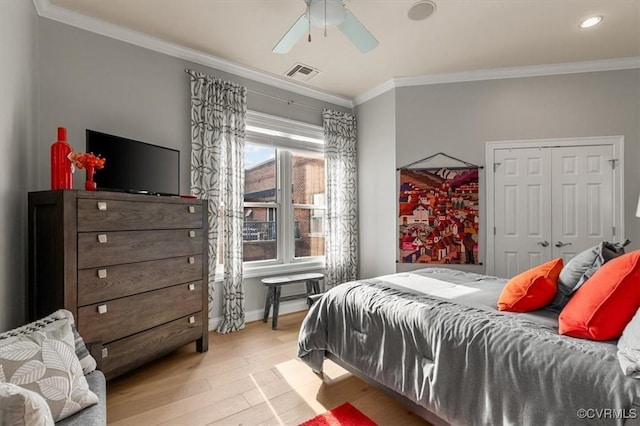 4820 Old Main St Unit 604, Henrico, VA 23231 - bedroom with crown molding, light wood-style flooring, baseboards, recessed lighting, and ceiling fan