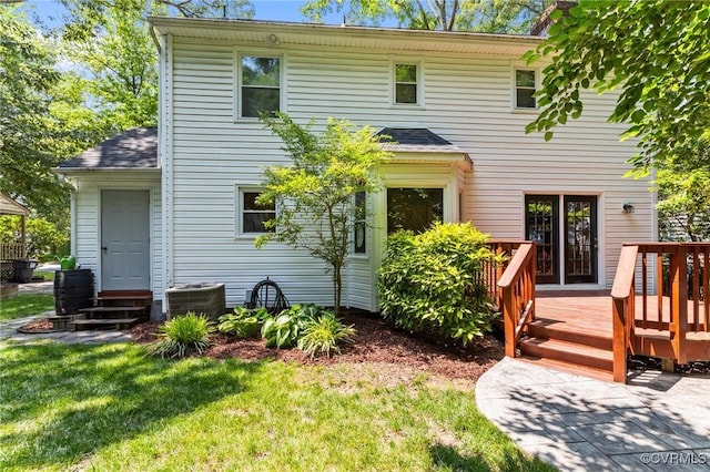 10112 Huntersdell Ln, Chesterfield, VA 23235 - back of house featuring a deck, a lawn, central AC unit, roof with shingles, and entry steps