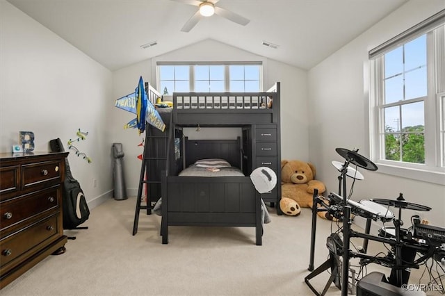 333 Pond View Ln, Goochland, VA 23103 - bedroom with light colored carpet, lofted ceiling, and a ceiling fan