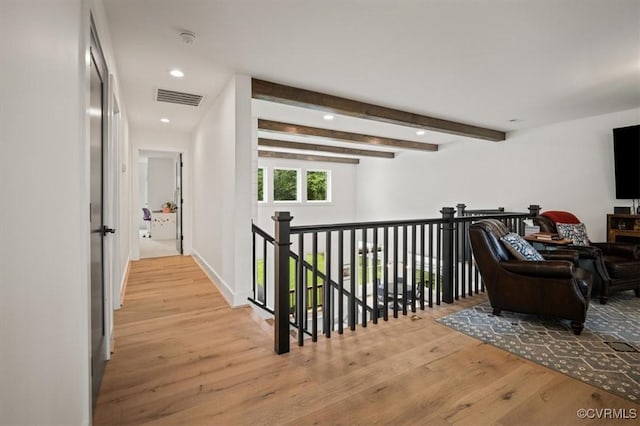 333 Pond View Ln, Goochland, VA 23103 - corridor featuring wood finished floors, recessed lighting, beam ceiling, and an upstairs landing