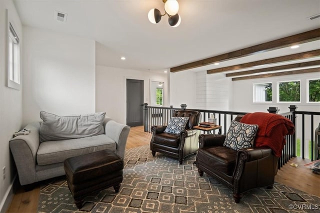 333 Pond View Ln, Goochland, VA 23103 - living area with recessed lighting, wood finished floors, plenty of natural light, beam ceiling, and a chandelier