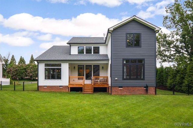 333 Pond View Ln, Goochland, VA 23103 - back of property with crawl space, covered porch, a fenced backyard, and roof with shingles