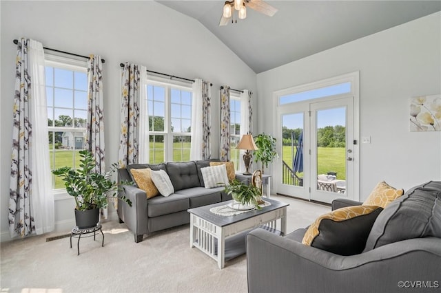 3381 Holywell Cir, Powhatan, VA 23139 - living room featuring lofted ceiling, light carpet, ceiling fan, and baseboards