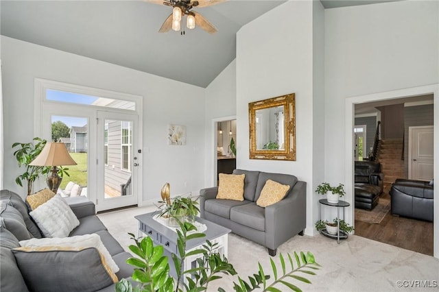 3381 Holywell Cir, Powhatan, VA 23139 - living room with a ceiling fan, high vaulted ceiling, and plenty of natural light