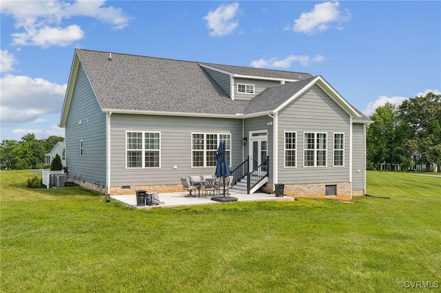 3381 Holywell Cir, Powhatan, VA 23139 - rear view of property featuring crawl space, a lawn, a patio, entry steps, and a shingled roof