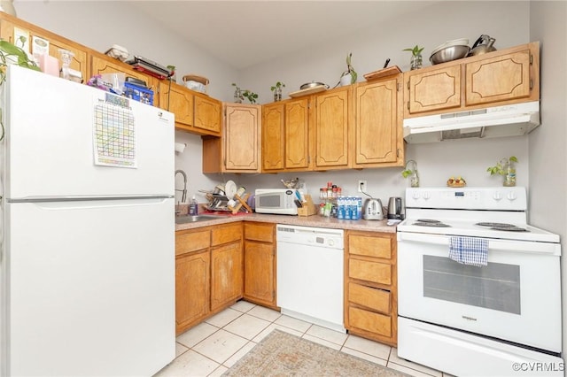 1701 W Leigh St, Richmond, VA 23220 - kitchen with white appliances, under cabinet range hood, light tile patterned flooring, light countertops, and a sink