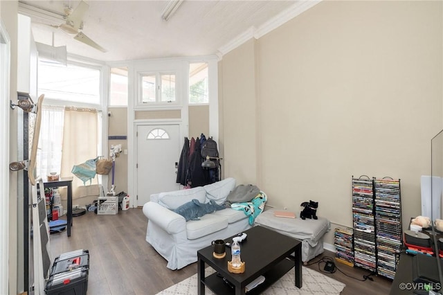 1701 W Leigh St, Richmond, VA 23220 - living room with wood finished floors, ceiling fan, and ornamental molding