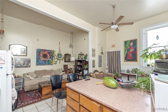 1701 W Leigh St, Richmond, VA 23220 - kitchen featuring electric panel, ceiling fan, open floor plan, and healthy amount of natural light
