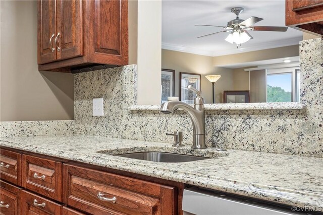 2956 Hathaway Rd Unit 803, Richmond, VA 23225 - kitchen featuring a sink, dishwashing machine, crown molding, decorative backsplash, and light stone counters
