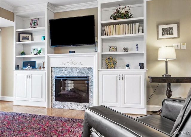 2956 Hathaway Rd Unit 803, Richmond, VA 23225 - living area featuring crown molding, light wood finished floors, baseboards, a glass covered fireplace, and built in features