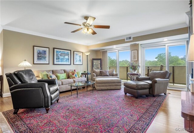 2956 Hathaway Rd Unit 803, Richmond, VA 23225 - living area featuring ceiling fan, ornamental molding, and light wood finished floors