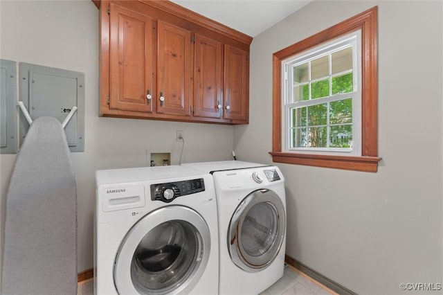 2730 Dalkeith Dr, Henrico, VA 23233 - laundry area featuring cabinet space, separate washer and dryer, baseboards, and electric panel