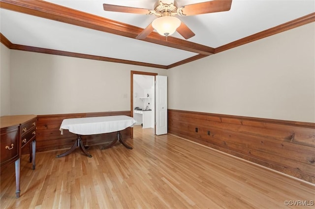 2730 Dalkeith Dr, Henrico, VA 23233 - bedroom with light wood-style flooring, wainscoting, beamed ceiling, wooden walls, and a ceiling fan