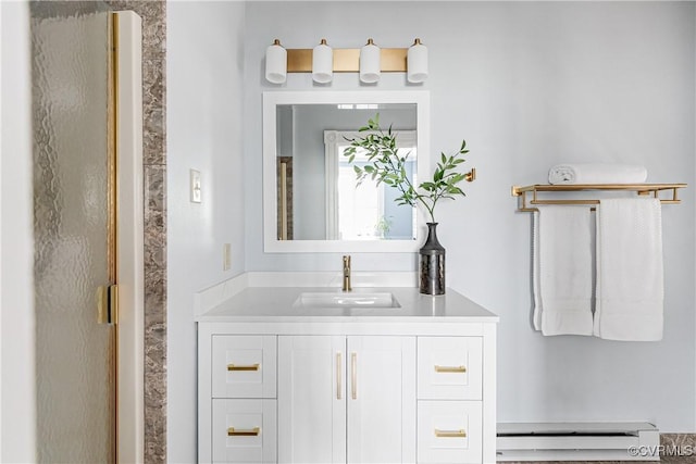 2210 Stuart Ave, Richmond, VA 23220 - full bathroom with a baseboard heating unit, vanity, and a shower stall
