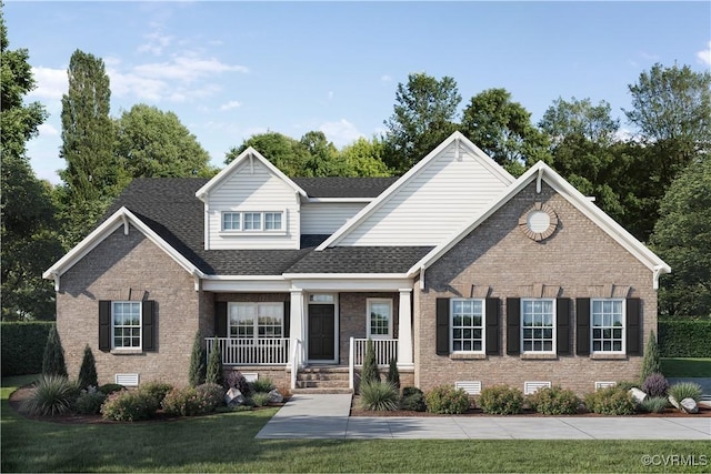 15124 Johns Trace Cir, Montpelier, VA 23192 - view of front of house with a porch, brick siding, a front yard, and roof with shingles