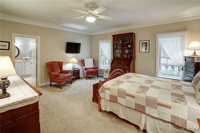 423 Elm Creek Dr, Manakin Sabot, VA 23103 - bedroom featuring light colored carpet, ornamental molding, a ceiling fan, and connected bathroom