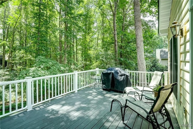 423 Elm Creek Dr, Manakin Sabot, VA 23103 - wooden deck featuring area for grilling and a wooded view
