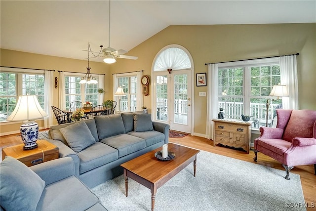 423 Elm Creek Dr, Manakin Sabot, VA 23103 - living room with ceiling fan, lofted ceiling, light wood-style flooring, and baseboards