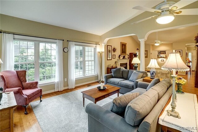 423 Elm Creek Dr, Manakin Sabot, VA 23103 - living area featuring a ceiling fan, wood finished floors, lofted ceiling, baseboards, and ornate columns