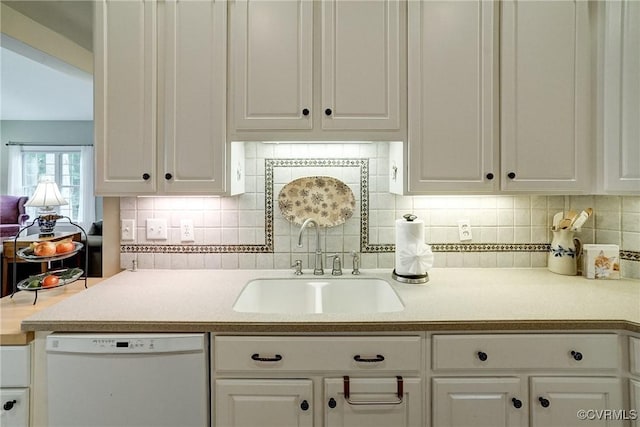 423 Elm Creek Dr, Manakin Sabot, VA 23103 - kitchen featuring white dishwasher, a sink, white cabinetry, and light countertops