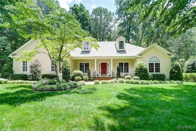 423 Elm Creek Dr, Manakin Sabot, VA 23103 - cape cod house with a front lawn, stucco siding, and covered porch