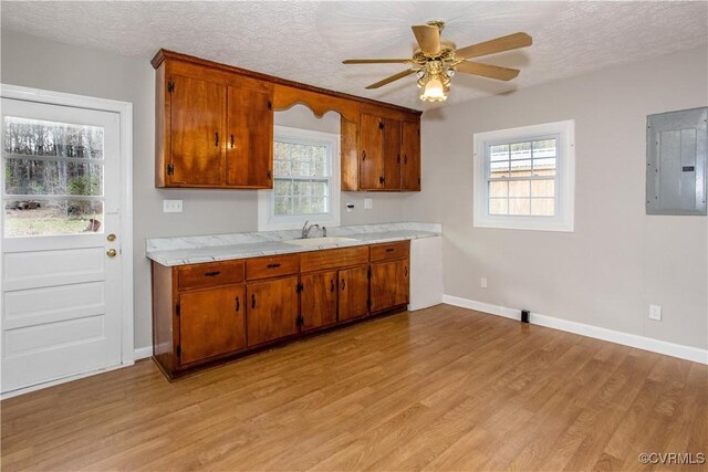 11512 Duncan Rd, Dinwiddie, VA 23805 - kitchen featuring electric panel, light countertops, a sink, light wood-type flooring, and brown cabinetry