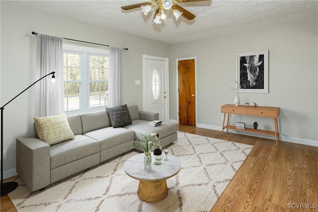 11512 Duncan Rd, Dinwiddie, VA 23805 - living room featuring wood finished floors, ceiling fan, a textured ceiling, and baseboards