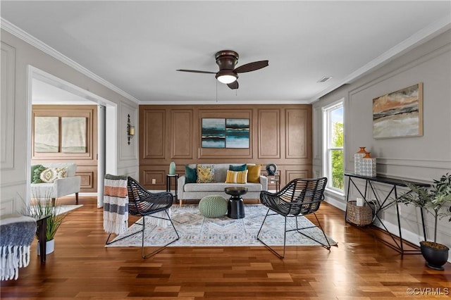 1716 First Colonial Ct, Richmond, VA 23231 - living room with a decorative wall, a ceiling fan, ornamental molding, and wood finished floors