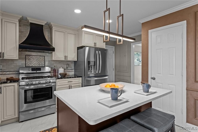 1716 First Colonial Ct, Richmond, VA 23231 - kitchen with stainless steel appliances, premium range hood, backsplash, cream cabinets, and ornamental molding