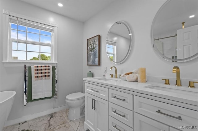 1716 First Colonial Ct, Richmond, VA 23231 - full bathroom with marble look tiles, double vanity, recessed lighting, a soaking tub, and toilet